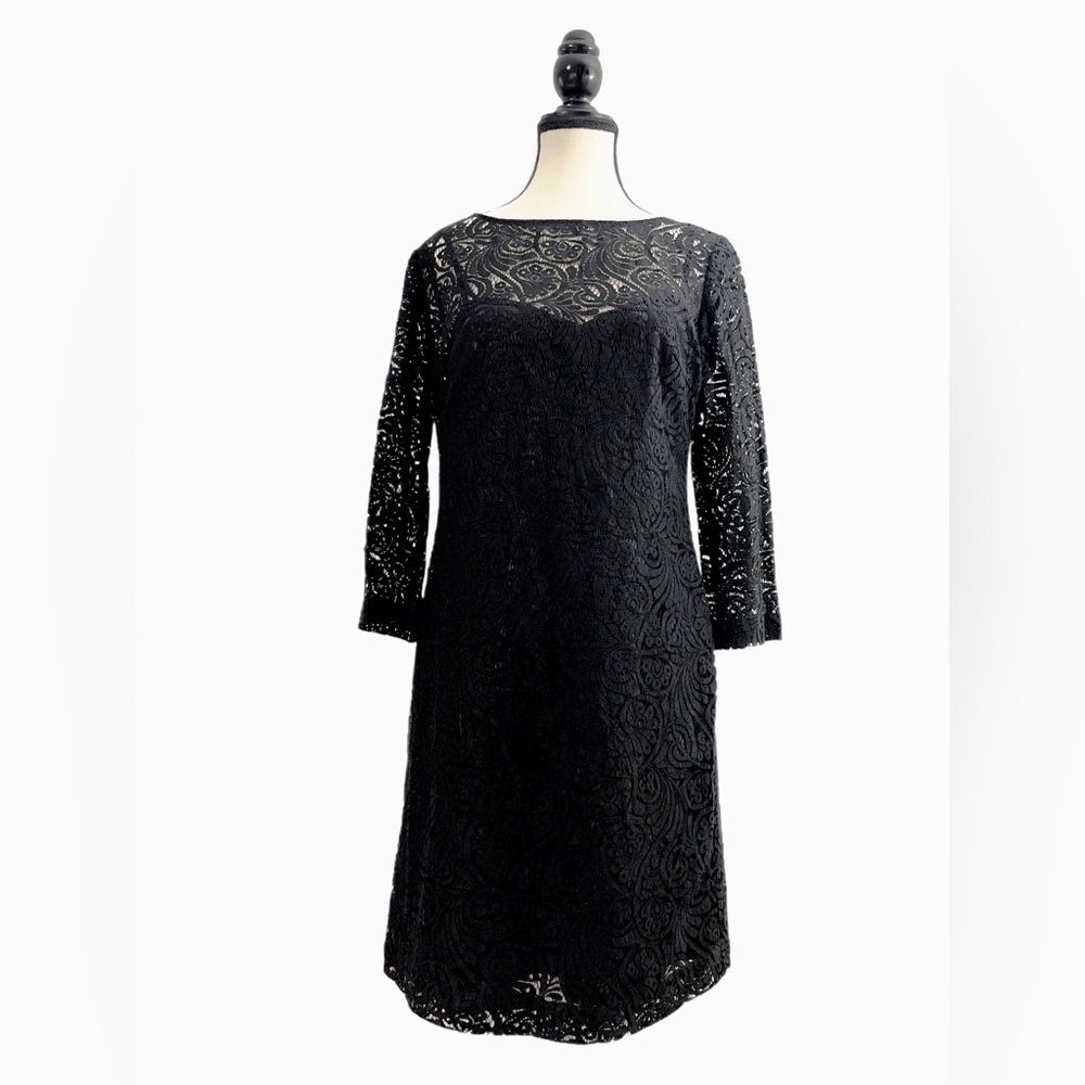 TRINA TURK  Black Lace Cocktail Dress - 3/4 Sleeves - attached slip. Size 4.